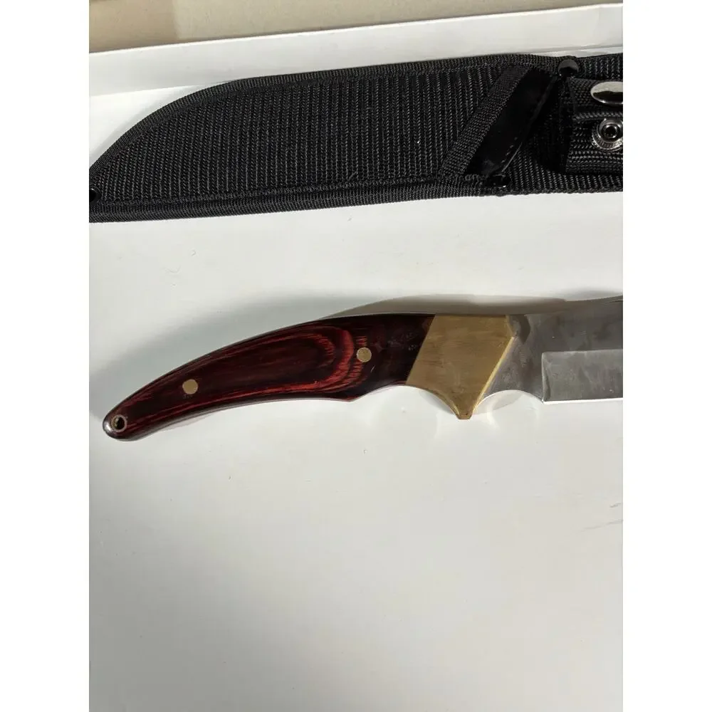 12” Custom Designed Knife Satin Finish Pakawood Handle. Nylon Sheath. New In Box